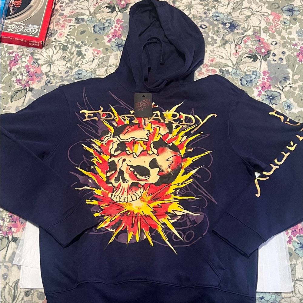 Ed Hardy Navy Hoodie with Fiery Skull Graphic
